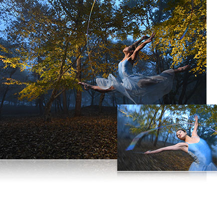 Photo of a ballerina in the forest inset with a closer view of the ballerina, lit with the SB-5000 Speedlight