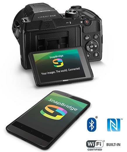 COOLPIX B500 and a smartphone with the SnapBridge logo on the LCDs