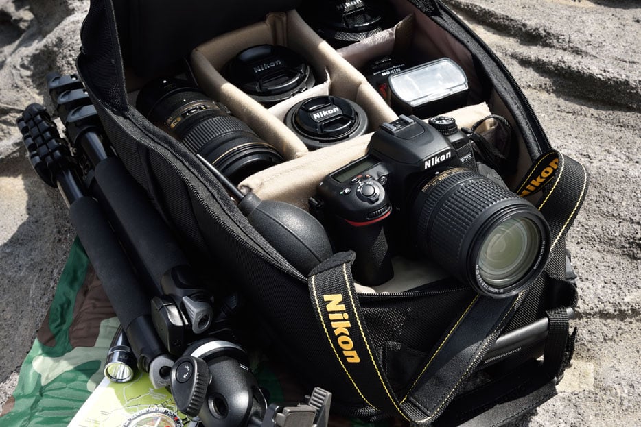 Photo of a camera backpack, filled with Nikon gear