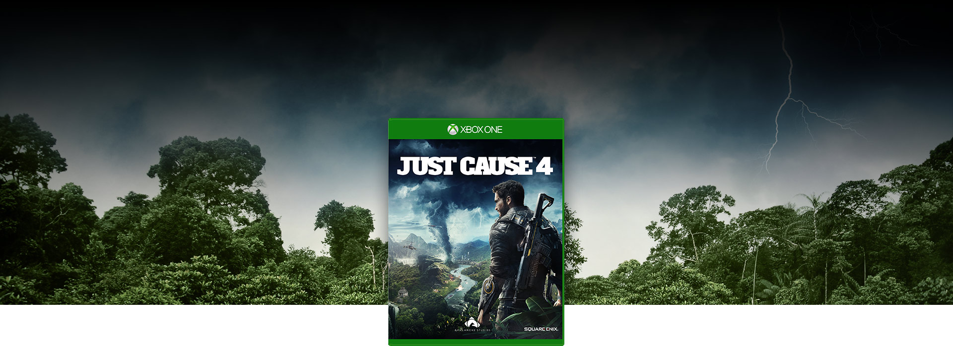 Just Cause 4 box shot, Background of a forest with lightning and dark clouds above