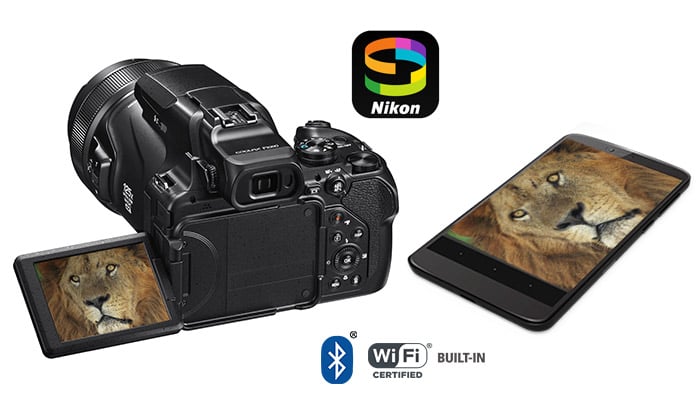 Photo of the COOLPIX P1000 and a smartphone with a photo of a lion's face on the LCD and phone screen, and the SnapBridge logo