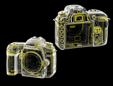 Illustration of the front and the back of the D7500 showing weather seals