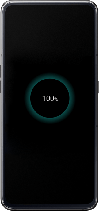 Galaxy A80 seen from the front connected to a charger with a charging icon at 100% on-screen.