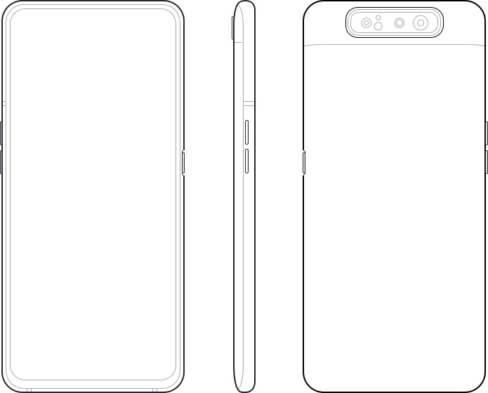 Illustration of Galaxy A80 from the front, volume button, and rear sides.