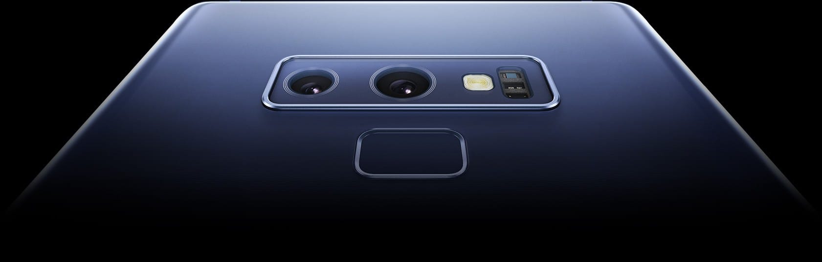 An extreme closeup of Galaxy Note9’s dual lens rear camera and fingerprint scanner