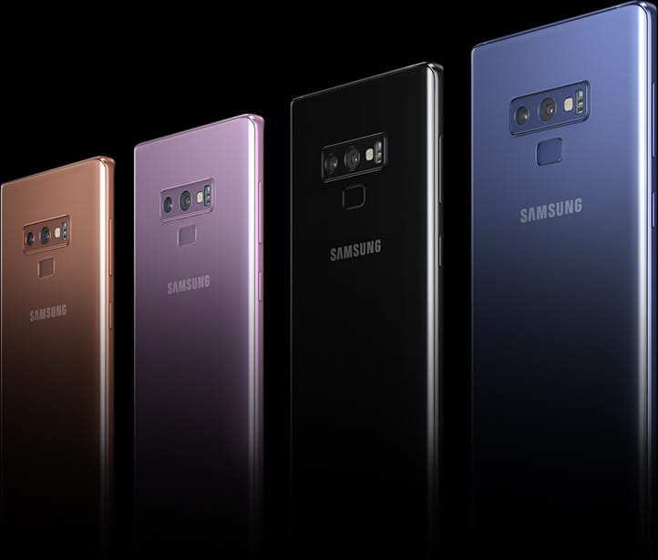 Galaxy Note9 seen from the rear at a three-quarter angle, showing the different color choices.