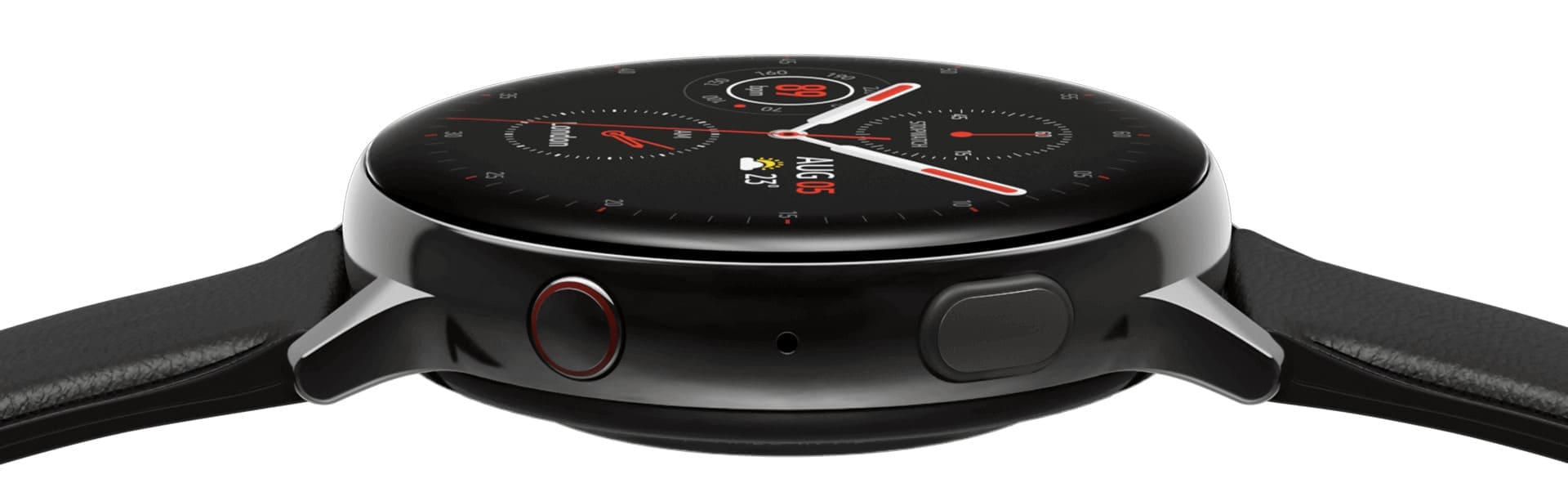 A Galaxy Watch active2 that rotates to display the rear side of the watch, the side view with the two buttons in the foreground, and finally the front side which shows the watch face.