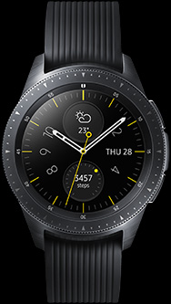 Front view of 42mm Galaxy Watch in Midnight Black.