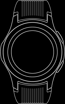 Line drawing of front view of the Galaxy Watch 46 mm with watch straps fastened.