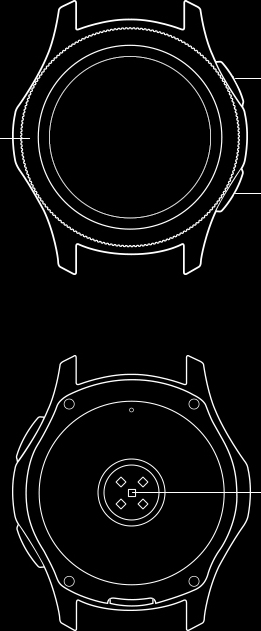 Line drawing of front and back view of Galaxy Watch body section.