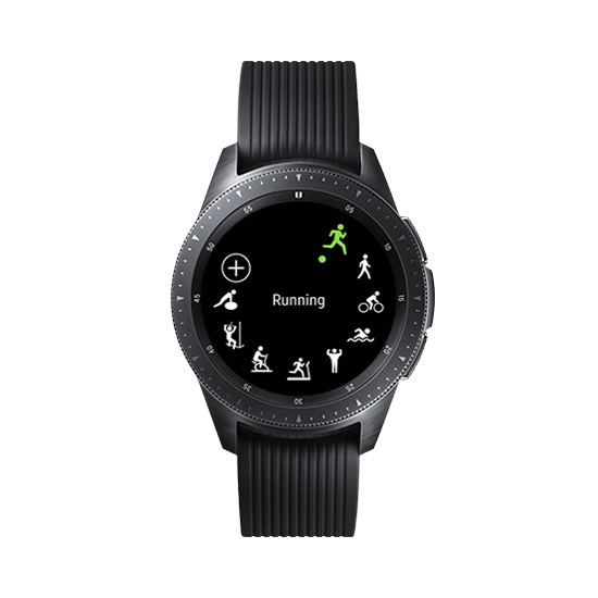 42mm Galaxy Watch in Midnight Black on white background with green-blue circle, showing various health tracking functions on the watchface.