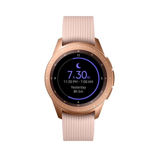 42mm Galaxy Watch in Rose Gold on white background with blue wave-like circle, showing sleep tracker function on the watchface.