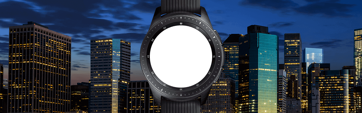 42mm Midnight Black Galaxy Watch at night with city skyline on the opposite shore, displaying an evening briefing.