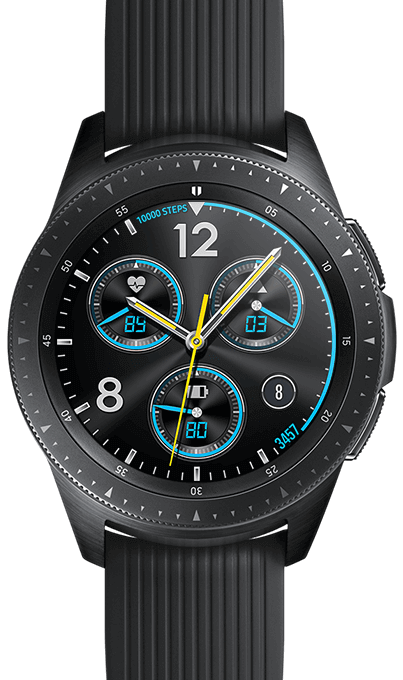 Closeup of a 42 mm Midnight Black Galaxy Watch with Sporty classic watchface.