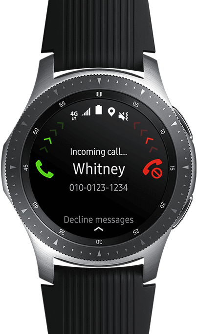 Watchface closeup of a 46mm Galaxy Watch inSilver on blurred background, showing an incoming call on the display.