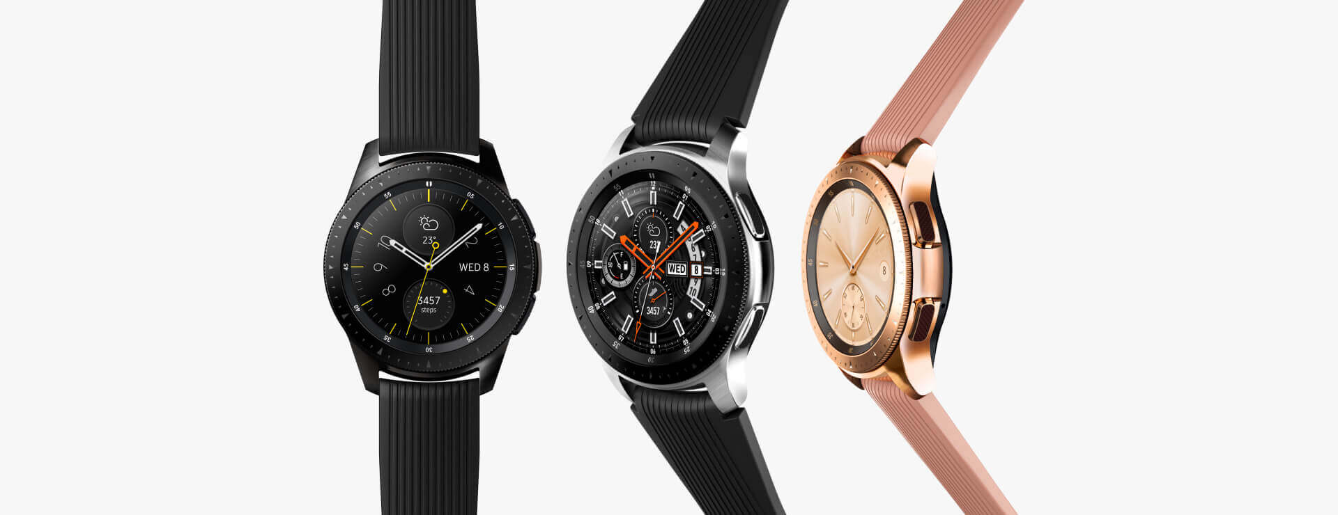 Three Galaxy Watch models in parallel: 42mm in Midnight Black on the left, 46mm in Silver in the middle, 42mm in Rose Gold on the right.